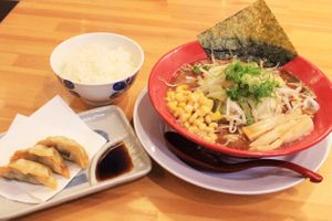 Plant-based ramen with rice and plant-based fried gyoza meal set. at Taruzo - 樽造 in Kanazawa