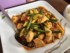 Stir fried green beans and chick'n with pickled chilli at Tofu Vegan - Gloucester Rd in South West London