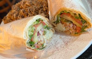 shawarma wrap minus aioli sauce with brown rice and beans at The Grape Leaf in Louisville