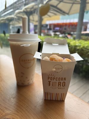 Peach oolong tea and fried taro balls  at The Soybean Factory in Kuala Lumpur
