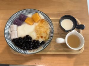 Original tau fu fah with ginger date syrup and extra soy milk  at The Soybean Factory in Kuala Lumpur