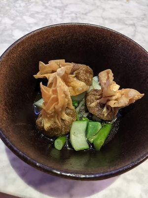 Choy sum money bags at Six by Nico - Hanover St  in Edinburgh