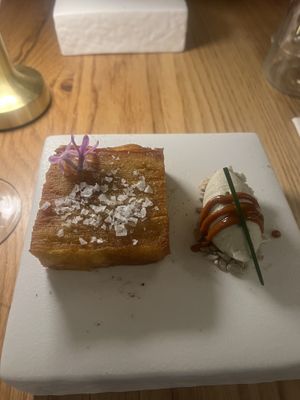 potato millefeuille and brie ice cream  at Fronda Pasaje BCN in Barcelona