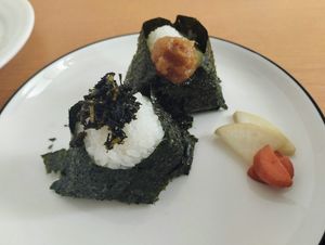 Many vegan toppings at the onigiri rice ball station at Cafe Rest Montrose in Hiroshima