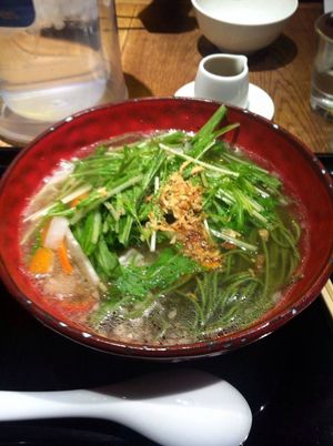 Vegan ramen with spirulina noodles at Chabuton in Osaka