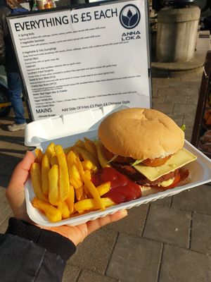 Rodeo burger and chips just £8 delicious 😋  and sooo filling. at Anna Loka Food Truck  in Cardiff