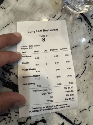 Receipt Day 1  at Curry Leaf in Tanah Rata