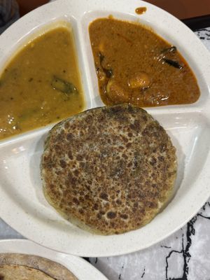 Mourtabak - Vegan with Daal (lentils) and Potatoes Curry  at Curry Leaf in Tanah Rata