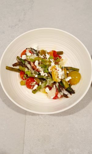 Chargrilled Asparagus with roasted herloim tomatoes and cashew "cheese" at Verdant Gourmet  in Central Coast