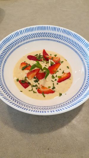Coconut cream, strawberries and mint dessert at Verdant Gourmet  in Central Coast