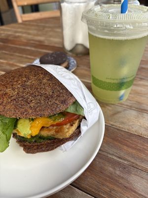 Tempeh sandwich has mango and pesto and spinach   at Mercado Verde in Punta Del Este