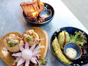 sweet potato pancakes, dinosaur eggs, green gyoza at ADIDA in Cologne