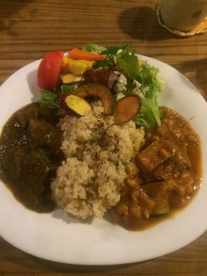 Interior, and the curry plate at Cafe Rappa in Tokyo