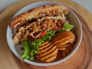 Chopped cheese using our in house “ ground beef “ made with lentils  at Vegan N'Out in Houston