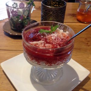 vegan coconut rice pudding with plum compote at Vengo Die Gemusekuche in Bremen