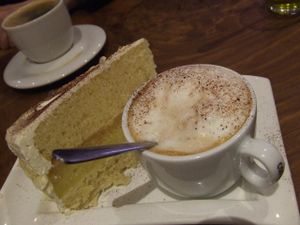 Vegan dessert with sojacappuccino at Vengo Die Gemusekuche in Bremen