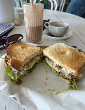 Crispy Tofu Sambo - most delicious flavorful and well textured tofu. Chocolate PB smoothie in background   at Saint Jules in San Remo
