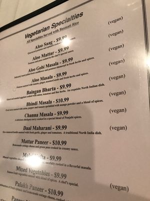 Love how they note the Vegan items right on the menu!  at Guru Indian Cuisine in Fredericksburg
