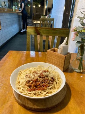 Pasta bolognese at Te Quiero Verde in San Cristobal De Las Casas