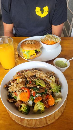 Arroz Fritz con Saitan & La Elemental Burger at Te Quiero Verde in San Cristobal De Las Casas
