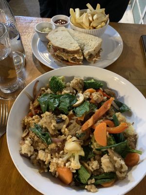 Arroz fritto con seitan and club sandwich with fries    at Te Quiero Verde in San Cristobal De Las Casas