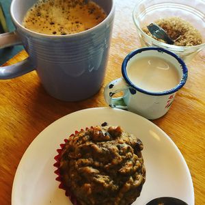 Coffee with almond milk and a carrot banana muffin at Te Quiero Verde in San Cristobal De Las Casas