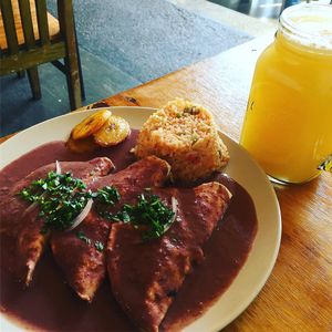 Enfrijoladas with mushrooms, rice and plantains at Te Quiero Verde in San Cristobal De Las Casas