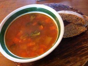 Sopa de verdura 24p served with pan integral which was toasted just right  at Te Quiero Verde in San Cristobal De Las Casas