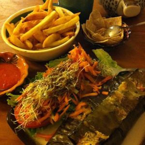delicious tamales with salad, side order of fries, ginger tea, all for 60p at Te Quiero Verde in San Cristobal De Las Casas