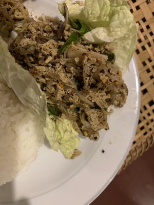 Half a plate (because I keep forgetting to take them) of local Loap dish - made from tofu, also had vegan pad thai; sweet sour; yellow curry all great and vegan  at Sanga Hostel and Souvenir in Pakxe