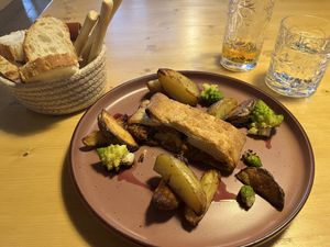 Lentil strudel, red wine reduction, roast potatoes and cauliflower   at Lo Barbaboque Ristrò in Valtournenche