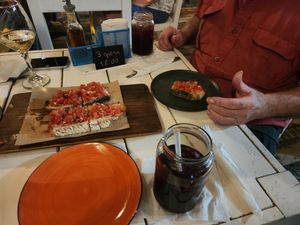 In house baked bread with fresh ripe tomato herb topping at The Drunken Sailor in Roatan