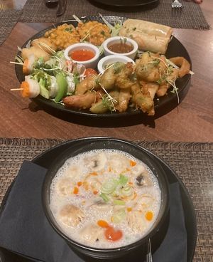 Vegan sharing platter and Tom Kha soup  at Spice I Am  in Worthing