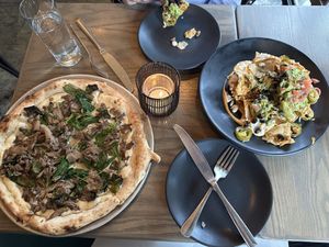 Truffle & Mushroom Pizza (left), Nachos Verde (right)  at PlantMade By Bar Verde  in New York City