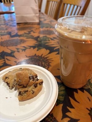 Oat milk latte and delicious banana chocolate chip cookie 🤍🌱  at Doppio Bunny Coffee in Purcellville