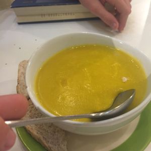 pumpkin soup with toast at Kin-Lum Vegetarian in Chiang Mai