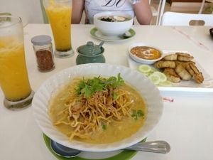Yummy Khao Soi,  Wakame Soup with Spaghetti and Mushroom Sa-Tay. Passion fruit juice too!  at Kin-Lum Vegetarian in Chiang Mai