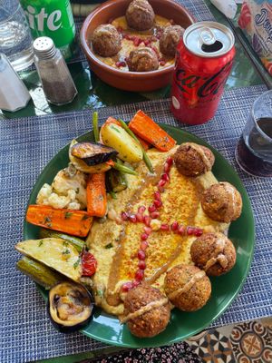 Falafel and hummus with roast vegetables  at Falafel Terrace & Brunch in Marrakech