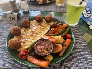 Hummus and falafel and Veg with lemon and mint juicee  at Falafel Terrace & Brunch in Marrakech