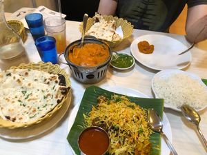 Vegan butter chicken, plain naan, sesame naan, plain rice, dum biriyani mock mutton  at Gokul Raas Vegetarian - Little India in Central Singapore