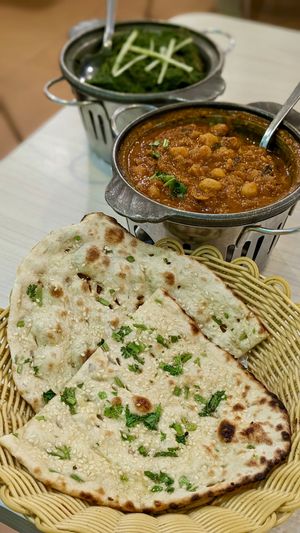 Vegan Sesame Naan, Vegan Version Channa Masala, Vegan version Palak Aloo at Gokul Raas Vegetarian - Little India in Central Singapore
