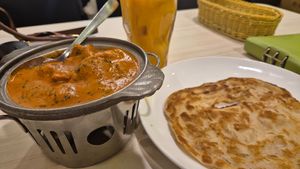 Butter 'chicken', mango juice and prathi at Gokul Raas Vegetarian - Little India in Central Singapore