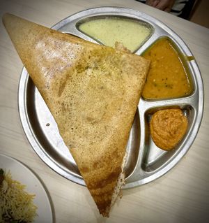Masala Dosa - plain dosa stuffed with spiced potatoes. Crispy and tasty, blending nicely with the condiments and curry    at Gokul Raas Vegetarian - Little India in Central Singapore