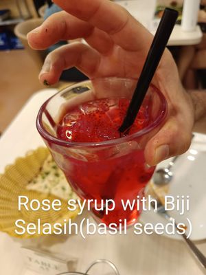 Rose syrup with basil seeds at Gokul Raas Vegetarian - Little India in Central Singapore