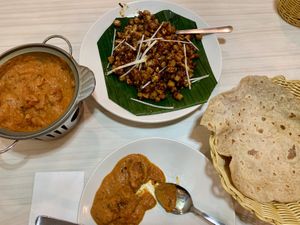 Butter chicken, carrot cake, wholemeal naan at Gokul Raas Vegetarian - Little India in Central Singapore