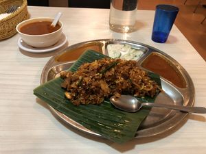 Kothu Prata set plus Rasam soup (water complimentary) at Gokul Raas Vegetarian - Little India in Central Singapore