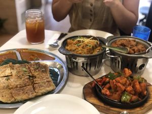 Cauliflower potato dish, vegan mutton filled flatbread, and spicy vegan chicken dish  at Gokul Raas Vegetarian - Little India in Central Singapore