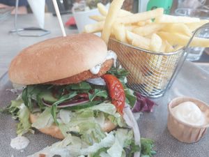 No chicken burger met friet en vegan mayo at Brasserie Ludiek in Veldhoven