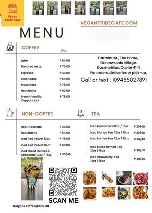 Promo Coffee, Snacks & Meals menu. QRcode - Scan to see entire menu. at Vegan Tribe Cafe in Cavite