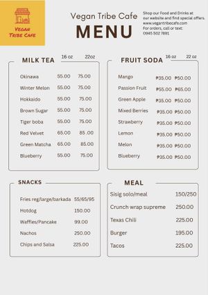 Promo Menu -Milk Teas, Sodas, Snacks, Meals. at Vegan Tribe Cafe in Cavite
